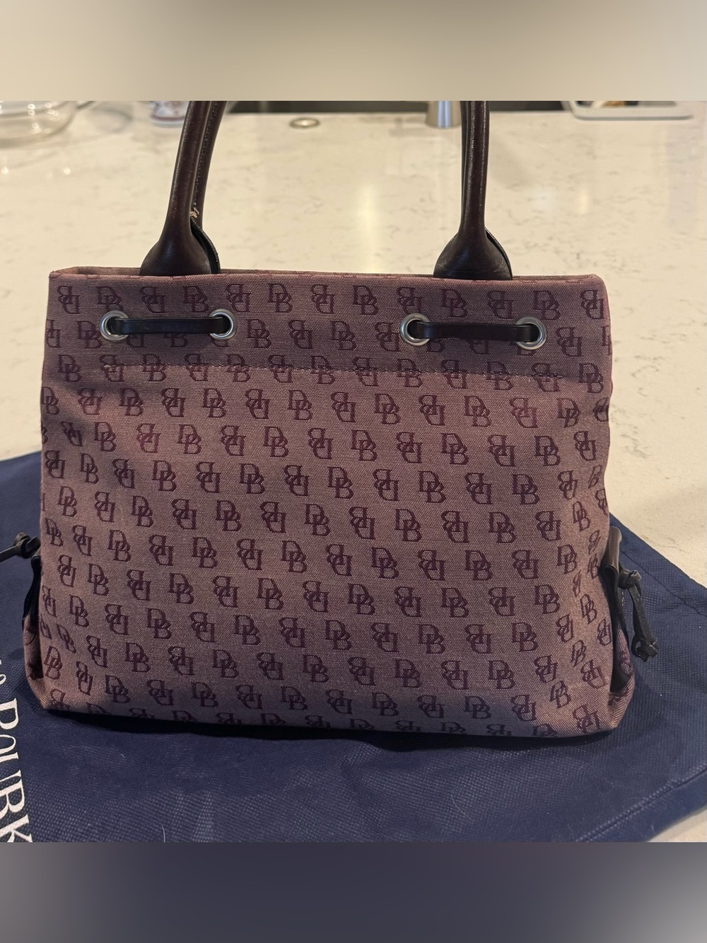 Dooney & Bourke Tassel Tote Bag Purple Signature Canvas Brown Leather - Picture 2 of 11
